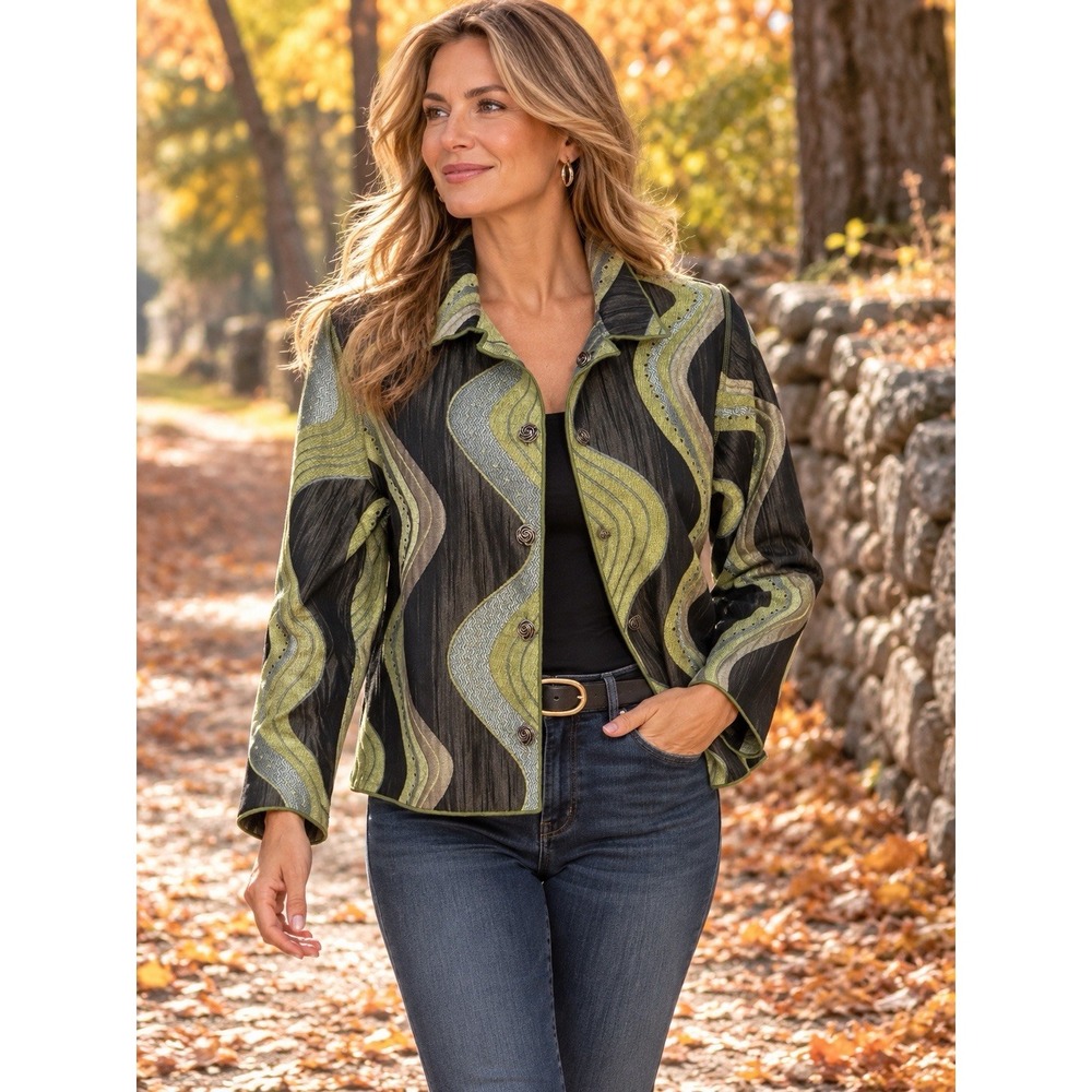 Winding River Reversible Tapestry Green Jacket ~L~ Geometric Artsy Fall USA Made
